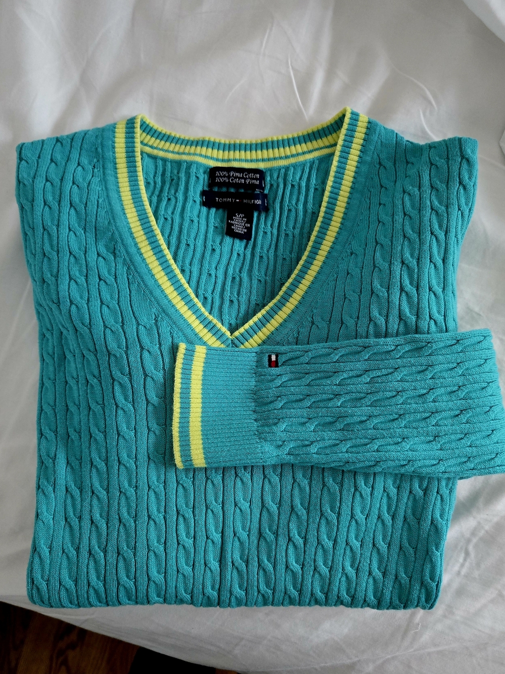 Tommy Hilfiger Teal Cable-Knit V-Neck Sweater with Yellow Trim